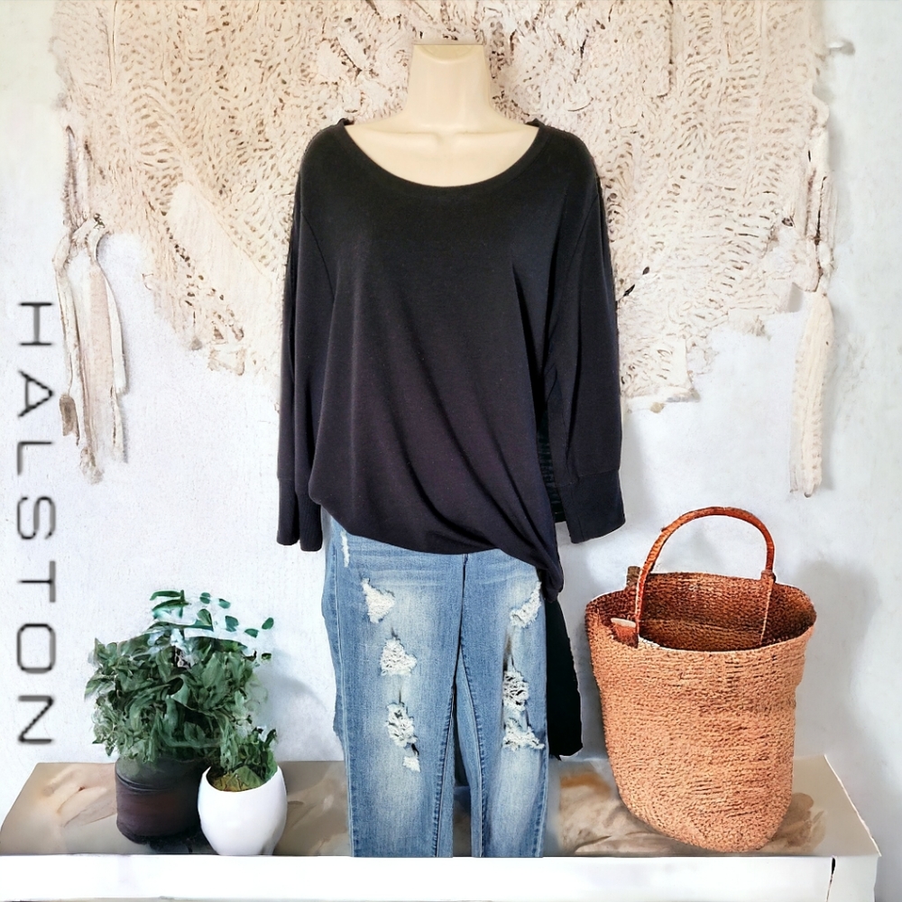 Halston black peep sleeve split tail tunic knit blouse size 2x